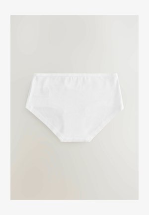 Weiße Baumwoll-Hipster-Unterhosen mit glatter Oberfläche, hohem Bund und ohne sichtbare Muster oder Verzierungen.