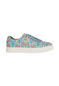 Patterned sneakers with a multicolored floral design, light blue laces, white rubber sole, and smooth texture.