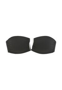 Čierny bikiny top bez ramienok so hladkou textúrou, s bielym akcentom v strede a zhromaždeným materiálom na bokoch.