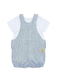 Blauw-wit gestreepte overall met een witte t-shirt. Heeft verstelbare banden, een zak en elastische manchetten. Van katoen.
