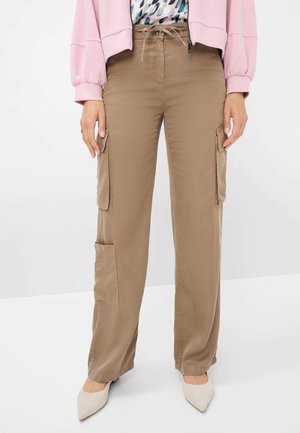 Pantalons cargo couleur kaki avec une coupe décontractée, dotés de deux poches latérales et d'un lien de serrage à la taille. Tissu lisse avec une texture légèrement brillante.