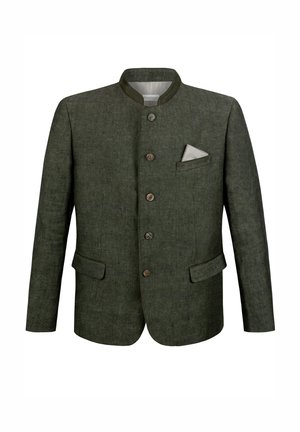 Dunkelgrüne, strukturierte Jacke mit hohem Kragen, sechs Knöpfen, zwei Fronttaschen und einem kontrastierenden Taschentuch in gestreiftem Muster.
