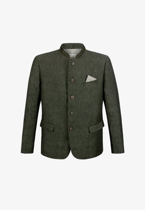 Dunkelgrüne, strukturierte Jacke mit hohem Kragen, sechs Knöpfen, zwei Fronttaschen und einem kontrastierenden Taschentuch in gestreiftem Muster.