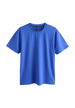 Einfaches blaues, kurzärmeliges Sport-T-Shirt mit rundem Halsausschnitt und kleinen reflektierenden Streifen an jedem Ärmel, auf weißem Hintergrund dargestellt.