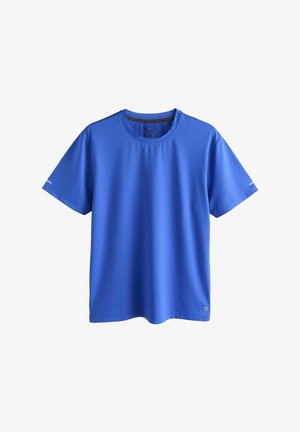 T-shirt de sport bleu uni à manches courtes avec encolure ronde et petites bandes réfléchissantes sur chaque manche, présenté sur fond blanc.
