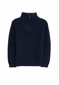 Marineblauer Pullover mit hohem Kragen und Halb-Reißverschluss, der eine gerippte Textur und subtile Sprenkel in Hellblau aufweist.