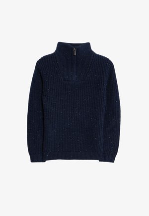 Navyblauw sweater met een hoge kraag en halve rits, met een geribbelde textuur en subtiele sprankjes lichtblauw overal.