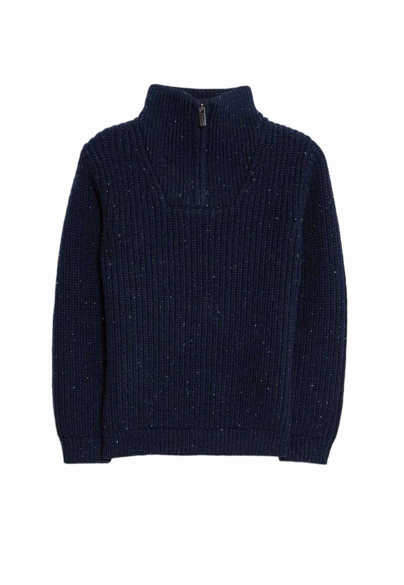 Marineblauer Pullover mit hohem Kragen und Halb-Reißverschluss, der eine gerippte Textur und subtile Sprenkel in Hellblau aufweist.