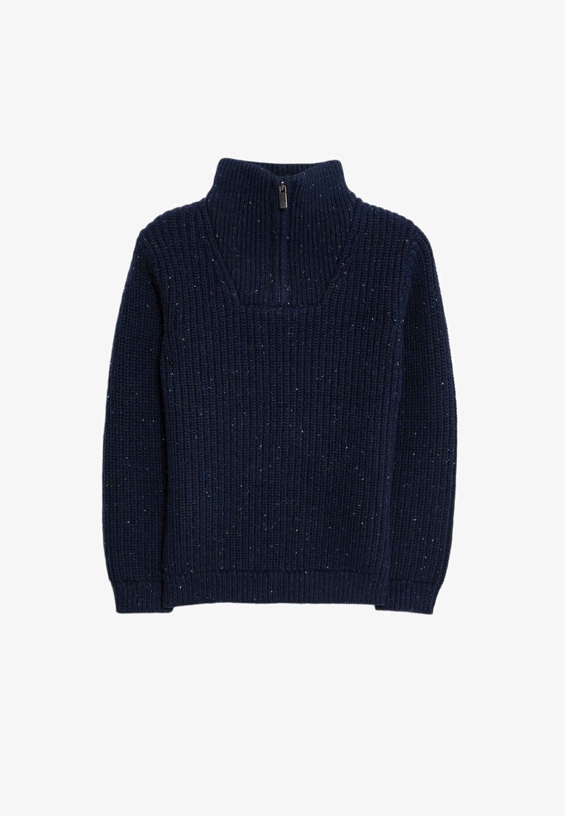 Marineblauer Pullover mit hohem Kragen und Halb-Reißverschluss, der eine gerippte Textur und subtile Sprenkel in Hellblau aufweist.