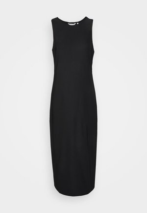 Robe midi noire sans manches avec encolure ronde et silhouette droite, présentée sur un fond blanc uni.