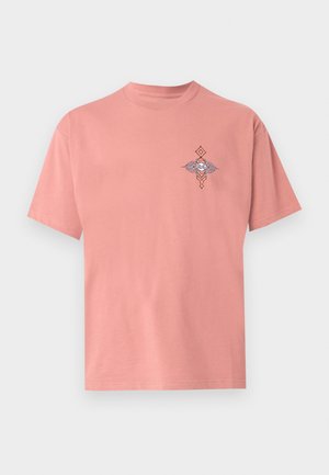 Pink cotton t-shirt with a crew neck. Features a small embroidered design in blue and orange on the chest. Short sleeves and relaxed fit.
