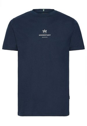 Navy blue cotton t-shirt with a crew neck, short sleeves, and a white "KRONSTADT" logo printed on the chest. Simple design, classic fit.