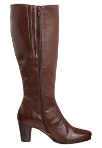 Stivale marrone in pelle alta fino al ginocchio con zip laterale, punta quadrata e tacco chunky. Texture liscia con dettagli di cucitura delicati.