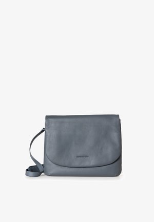 Gray leather messenger bag with a flap closure, adjustable strap, and smooth texture. Simple design without visible hardware or embellishments.