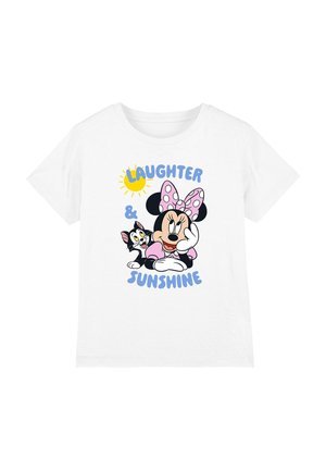 White children's t-shirt with a print of Minnie Mouse wearing a pink polka-dot bow, a black-and-white cat, sun, and text "Laughter & Sunshine".