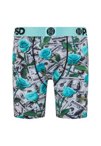Boxer da uomo con un motivo di rose turchesi e dollari su uno sfondo grigio. Elastico nero con logo "PSD".