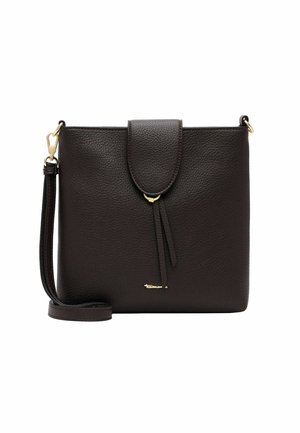 Borsa a tracolla in pelle marrone scuro con patta frontale, ferrature dorate e tracolla regolabile su sfondo bianco.
