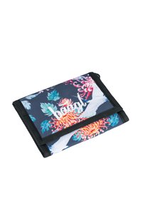 Péněženka vyrobená z látky s černým okrajem, zdobená květinovým potiskem v živých barvách a bílým nápisem "baagl". Kompaktní design.