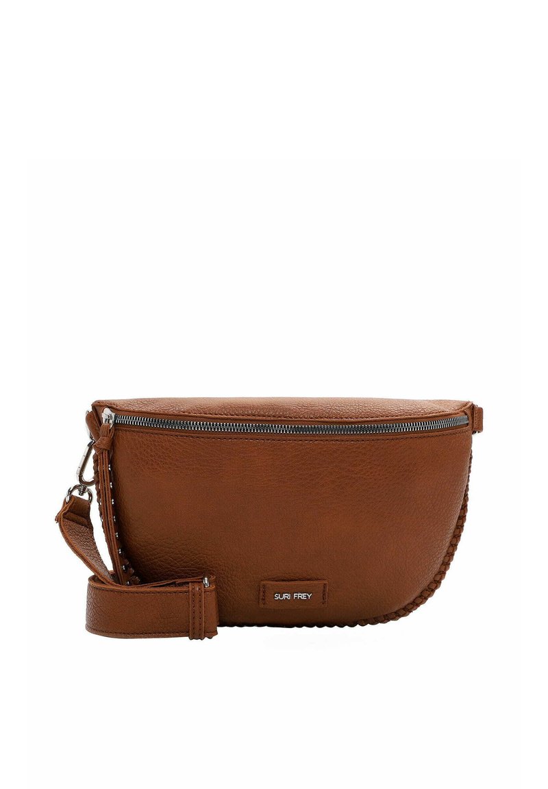 Brun læder crossbody taske med en tekstureret overflade, lynlåslukning og flettede detaljer langs siden. Har en justerbar skulderrem.