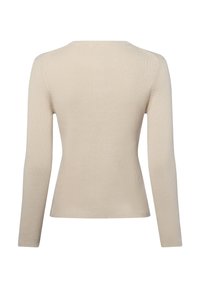 Geripptes, langärmeliges Oberteil in hellbeige. Verfügt über ein figurbetontes Design mit Rundhalsausschnitt und weicher Textur. Die Rückansicht zeigt nahtlose Schultern.