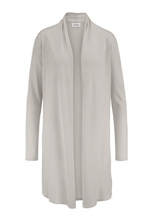 Hellgraue, offene Strickjacke mit langen Ärmeln aus weichem Stoff und einem drapierten Kragen, mittellang, ohne Knöpfe oder Verschlüsse.