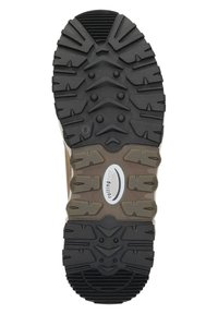 Schoenenzool met diepe zwarte loopprofielen en getextureerde bruine secties. Bevat een centraal ovaal logo met de tekst "rolling soft." Duurzaam rubber materiaal.