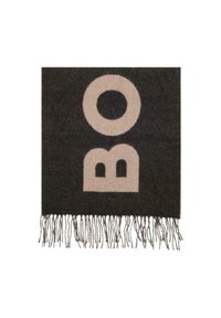Sciarpa grigio scuro con design "BO" in un beige chiaro, con frange ai bordi e una texture morbida. Forma rettangolare.