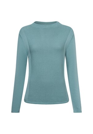 Helles blaues langärmliges Sweatshirt aus geripptem Strickstoff mit rundem Ausschnitt und tailliertem Design, das nahtlose Schultern aufweist.