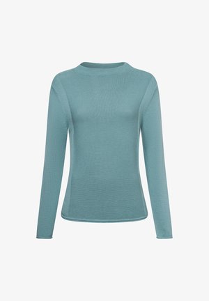 Helles blaues langärmliges Sweatshirt aus geripptem Strickstoff mit rundem Ausschnitt und tailliertem Design, das nahtlose Schultern aufweist.