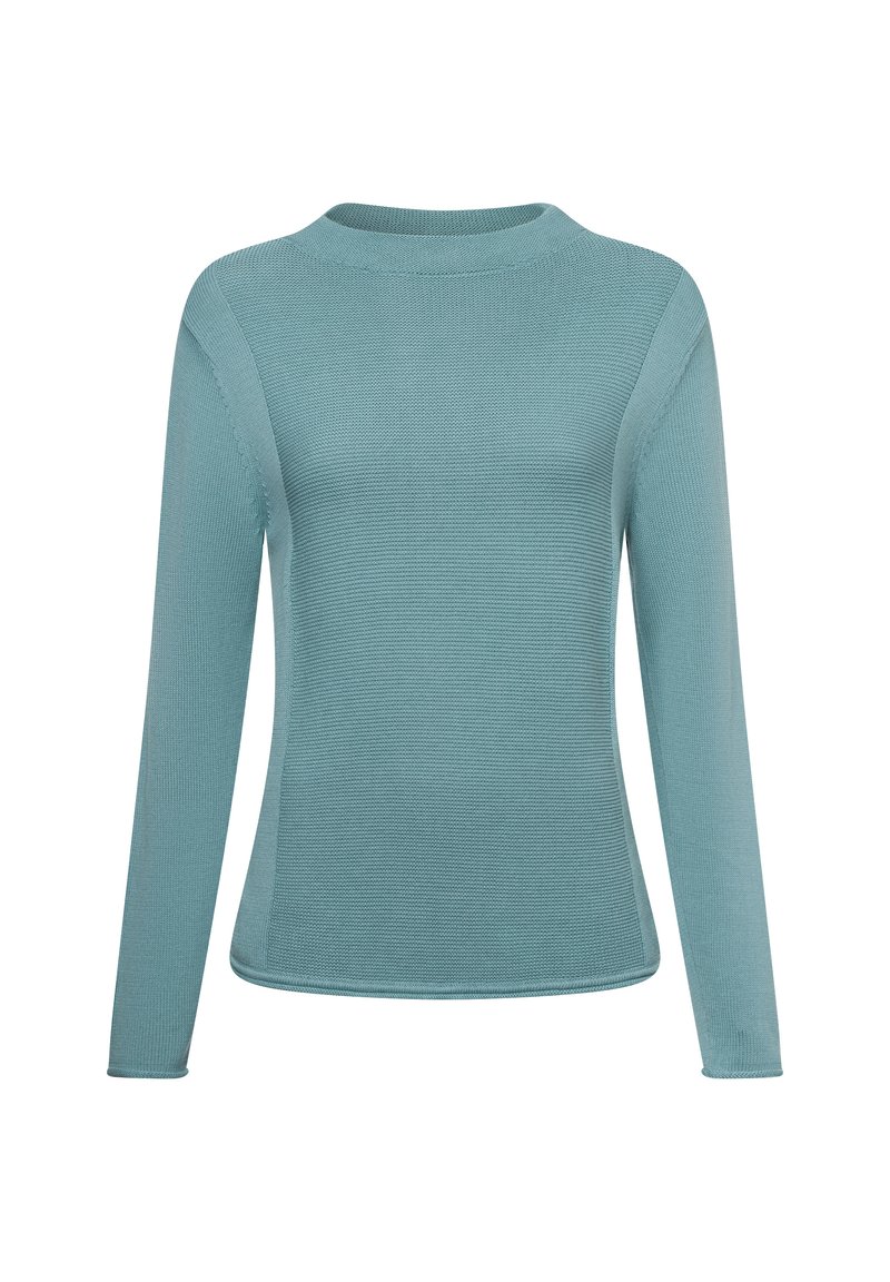 Helles blaues langärmliges Sweatshirt aus geripptem Strickstoff mit rundem Ausschnitt und tailliertem Design, das nahtlose Schultern aufweist.