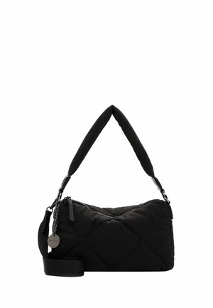 Quilted black shoulder bag with a padded handle, detachable strap, zippered closure, and metal tag. Features a rectangular shape and textured finish.