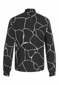 Černá blůza s bílým abstraktním vzorem, vysoký límec s klíčovou dírkou na zádech, dlouhé rukávy se staženými manžetami, vyrobena z lehkého materiálu.