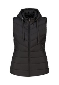 Zwarte gewatteerde vest met capuchon, met chevron-stiksels, een volledige rits aan de voorkant en twee ritszakken aan de zijkant. Soepele textuur.