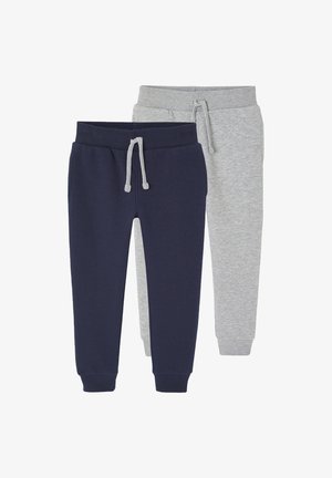 Baumwoll-Jogger-Hosen in Marineblau und Hellgrau, ausgestattet mit elastischen Taillenbündchen mit Kordelzügen, gerippten Bündchen und weichen Texturen.