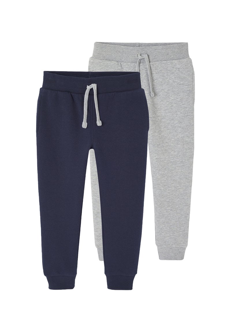 Baumwoll-Jogger-Hosen in Marineblau und Hellgrau, ausgestattet mit elastischen Taillenbündchen mit Kordelzügen, gerippten Bündchen und weichen Texturen.