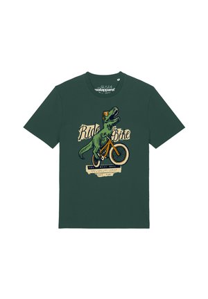 Dunkelgrünes T-Shirt mit einer Grafik eines grünen Dinosauriers mit Schutzbrille, der ein oranges Fahrrad fährt, und Text mit "Ride a Bike."