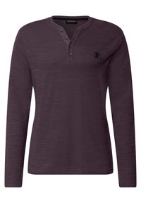 Long-sleeve henley shirt in deep purple fabric, featuring a three-button placket and a small square logo on the left chest. Smooth texture.