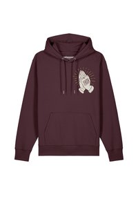 Bordeaux hoodie, van een katoenmix, met een voorzak in kangoeroestijl. Heeft een grafisch ontwerp van handen in gebed met de tekst "GELD" en een zonnestraalpatroon.