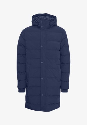 Granatowy puchowy płaszcz z kapturem, z guzikami z przodu, kieszeniami po bokach i pikowanym wzorem. Gładka tekstura i długość do kolan.