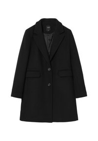 Manteau en laine noire avec une coupe décontractée, design à un bouton, revers crantés et deux poches avant. Doublure en satin lisse.