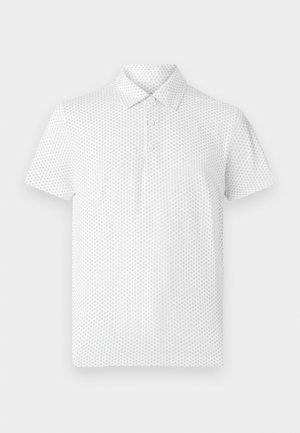 White short-sleeve polo shirt featuring a small geometric pattern, three buttons on the collar, and a classic fit. Made from breathable fabric.