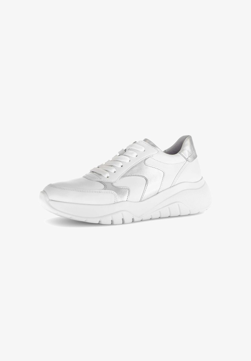 White leather sneaker with silver accents. Features a rounded toe, smooth surface, lace-up design, and textured sole for grip.