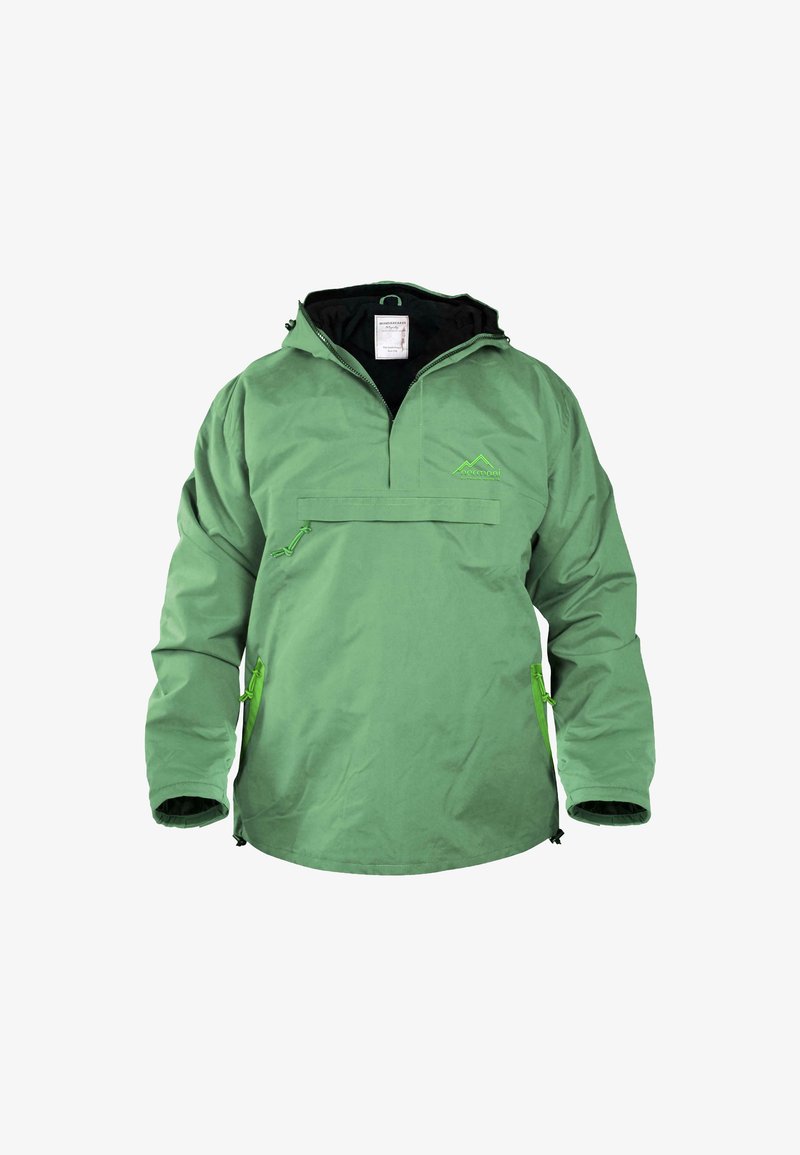 Grüne Pulloverjacke mit halbem Reißverschluss, schwarzer Innenseite, Reißverschlusstaschen und kontrastierenden neongrünen Reißverschlussakzenten. Leichtes Material.