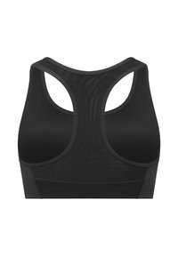 Sujetador deportivo negro con un diseño de espalda nadador, hecho de tejido de malla transpirable, que presenta una textura suave y sin hardware o acentos visibles.