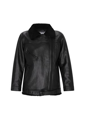 Schwarze Lederjacke mit einem Kunstfellkragen, ausgestattet mit einer diagonalen Reißverschlusstasche und zwei Seitentaschen, einem Taillengurt und einer glatten Textur.