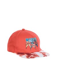 Red cap with a Marvel graphic featuring superheroes. The peak is tie-dyed in white and red, made from a soft, textured fabric.