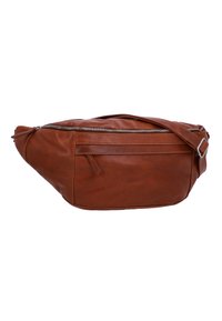 Ruda odinė per petį nešama tašė su užtrauktuku, plokščiu profiliu, reguliuojamu diržu ir priekinę kišenę su siuvinėjimo detalėmis.