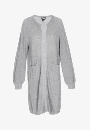 Hosszú szürke kardigán kötött anyagból. Nyitott elülső résszel, két elülső zsebbel és puffos ujjal a kényelmes viselet érdekében.