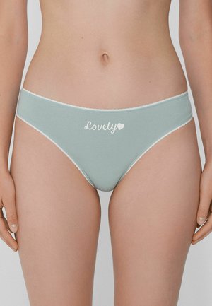 Mátově zelené bavlněné hipster kalhotky s bílým krajkovým lemem, na přední straně jsou s nápisem "Lovely" a srdíčkem v bílé barvě.