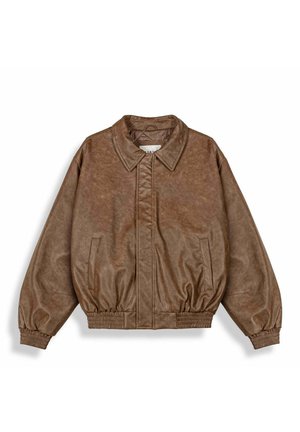 Braune Bomberjacke aus Kunstleder mit elastischen Bündchen und Taillenbund, vorderen Taschen und spitzem Kragen.